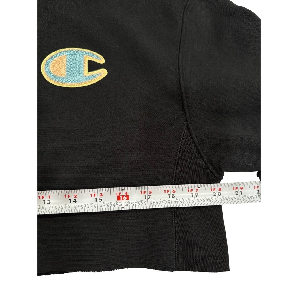 Champion Reverse Weave Cropped Hoodie Black Logo Pullover XS Streetwear - Picture 6 of 7